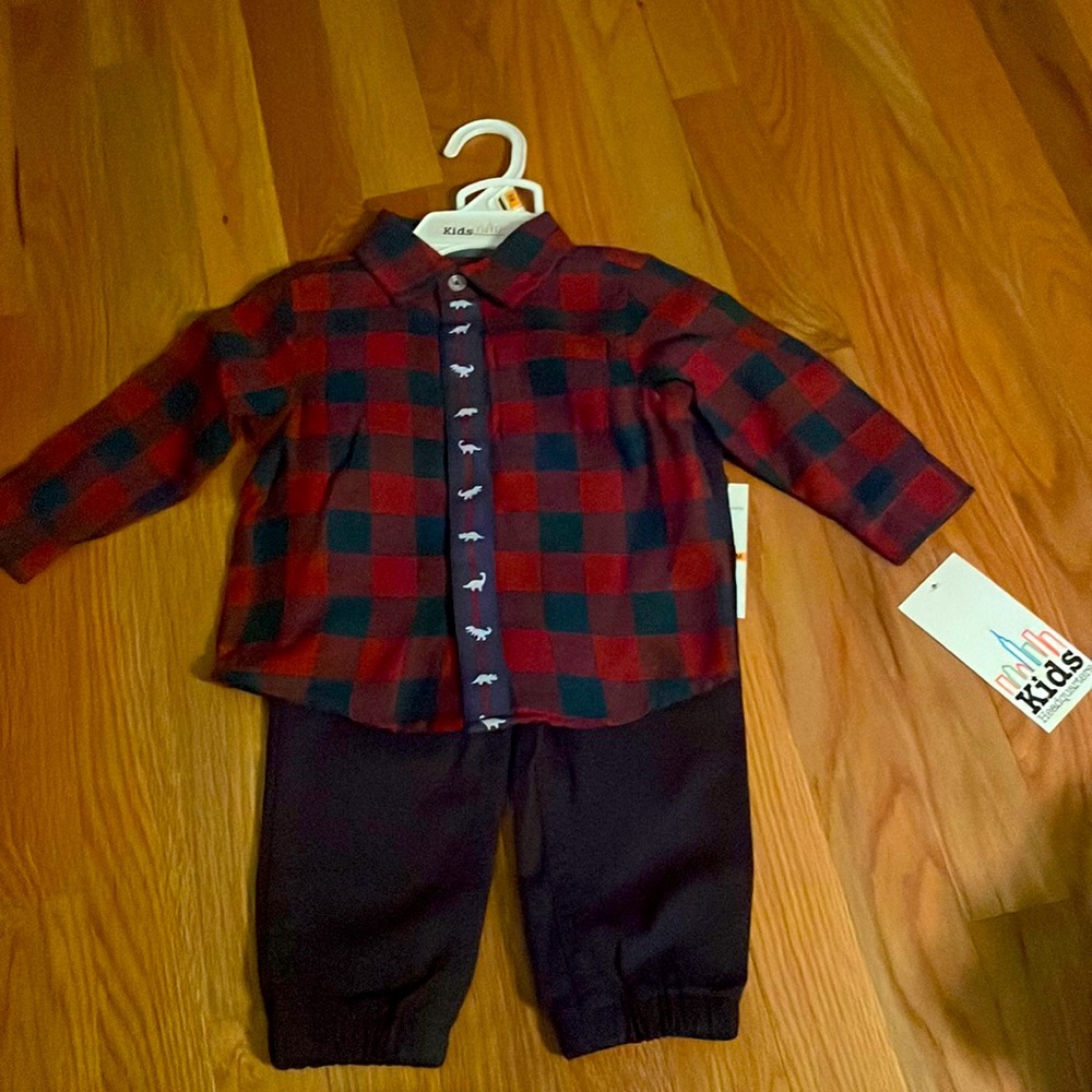 2 piece maroon and navy dinosaur themed button down set